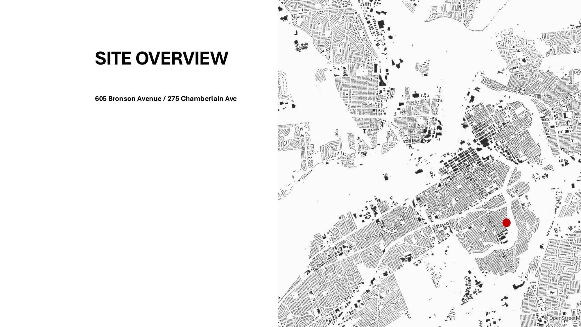 Site plan of the proposed option at 605 Bronson Avenue with the property line, setbacks and fire route marked, noting 15,055 square metres of floor area over fourteen storeys