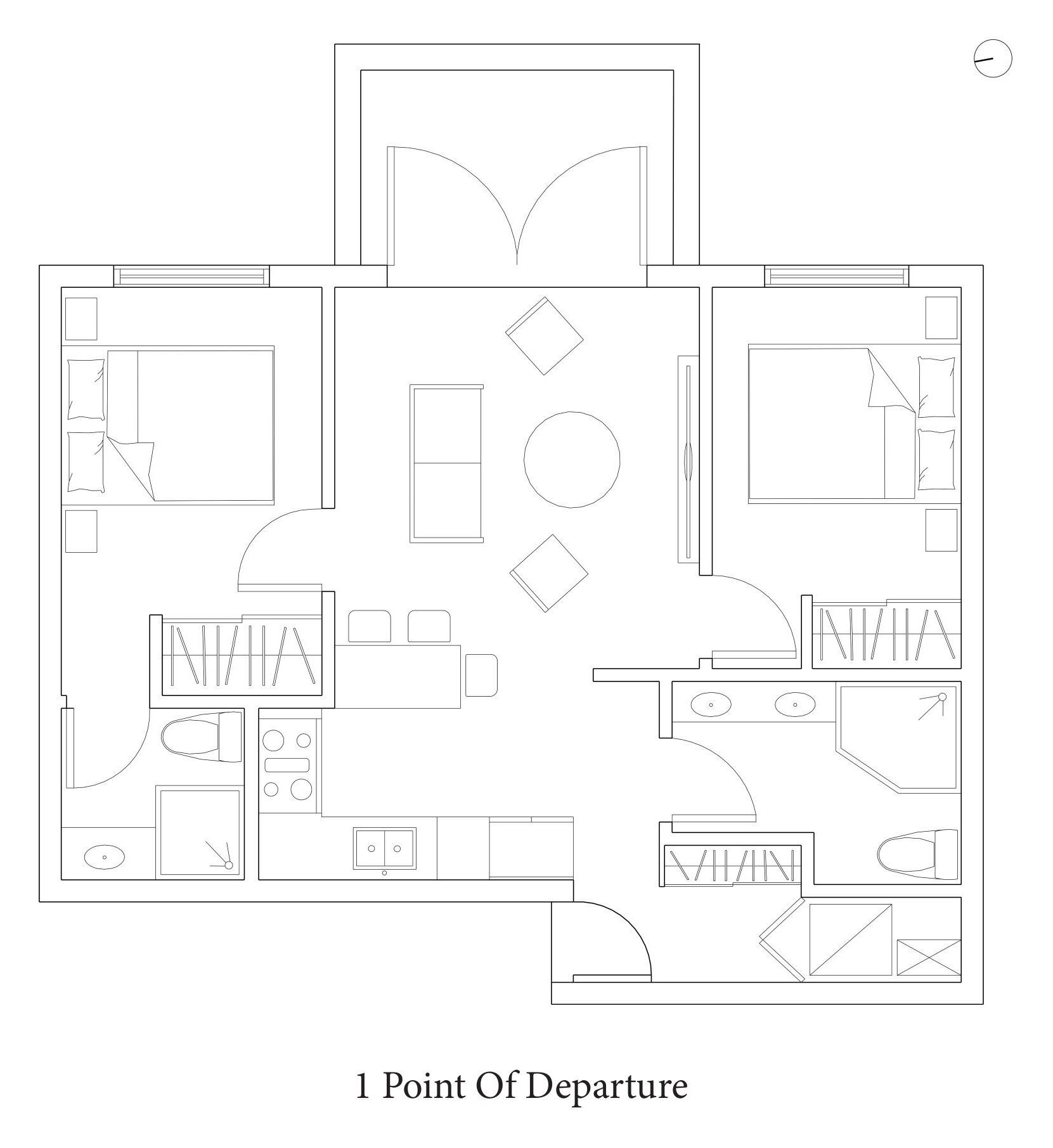 The coordinated plan with the dropped ceiling zones washed in, the bulkheads outlined and the duct and sprinkler runs drawn over the top