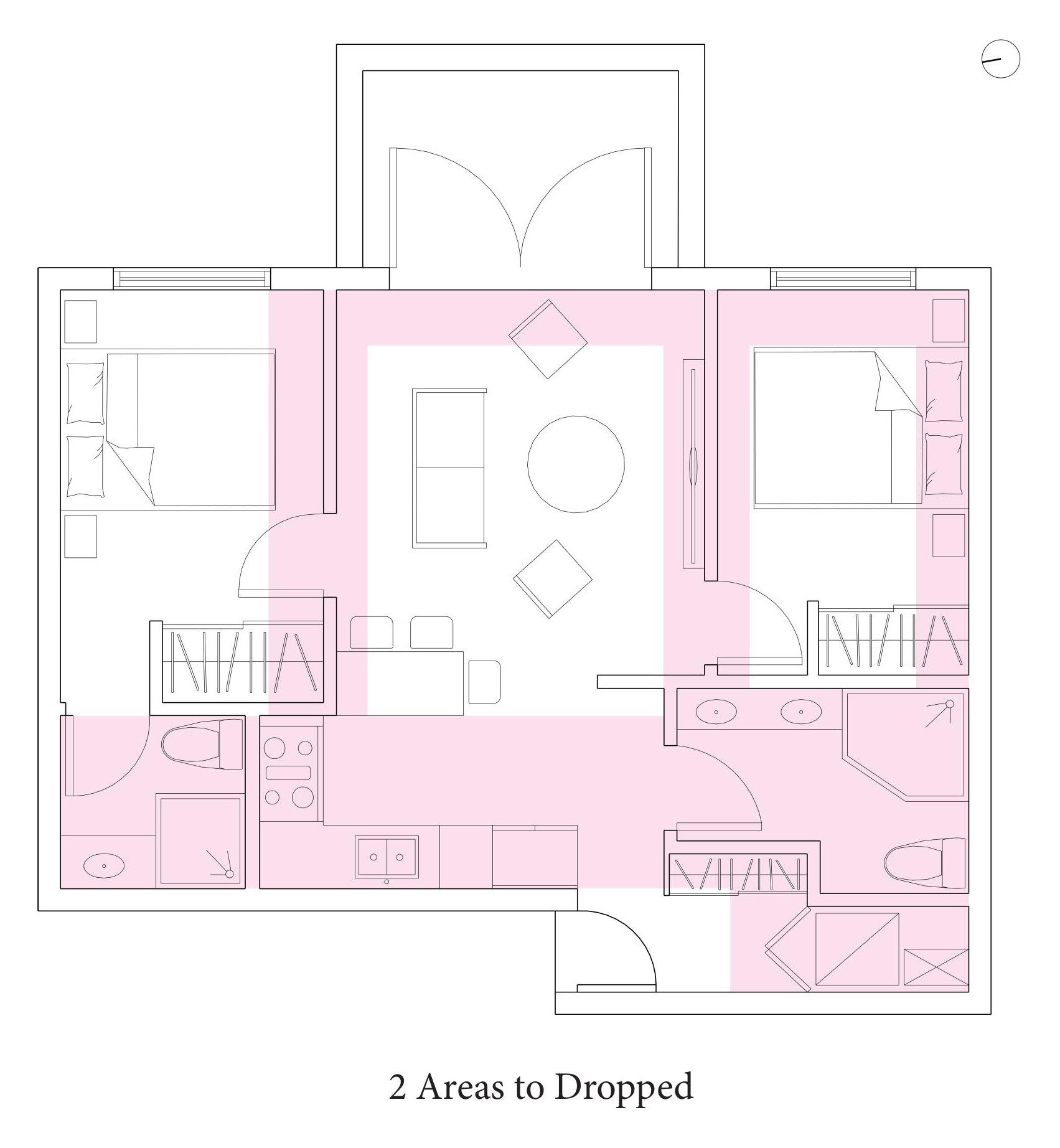 The same plan with the dropped ceiling zones washed in across the corridor, kitchen and bathrooms