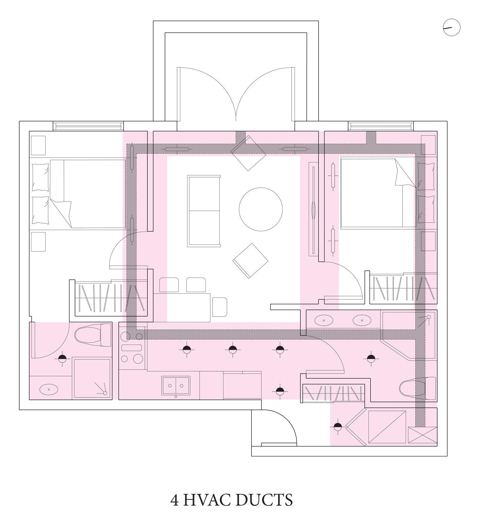 HVAC duct runs drawn through the dropped zones, the supply spine crossing the corridor and branching to each room