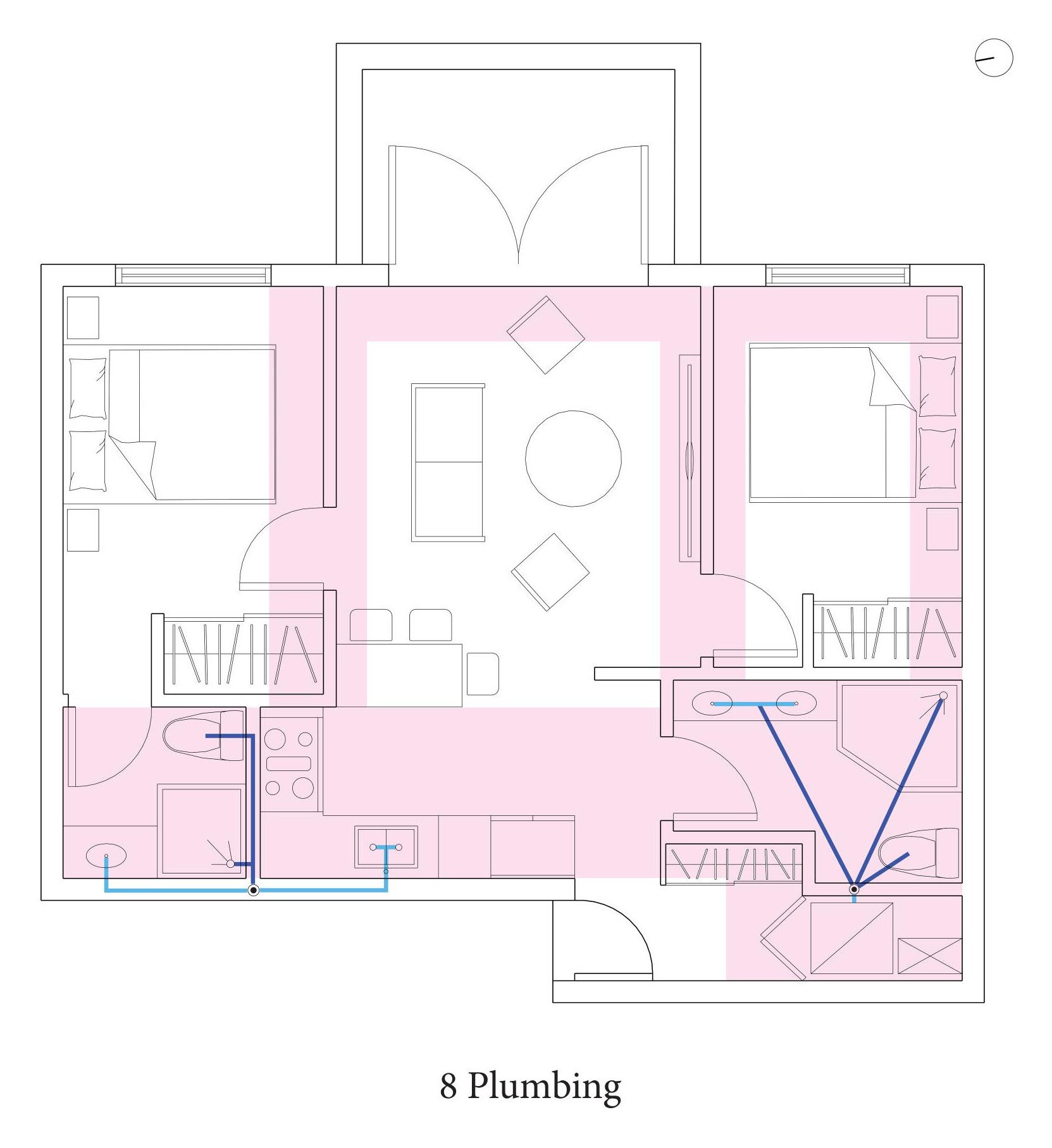 Plumbing runs drawn to the kitchen, both bathrooms and the laundry