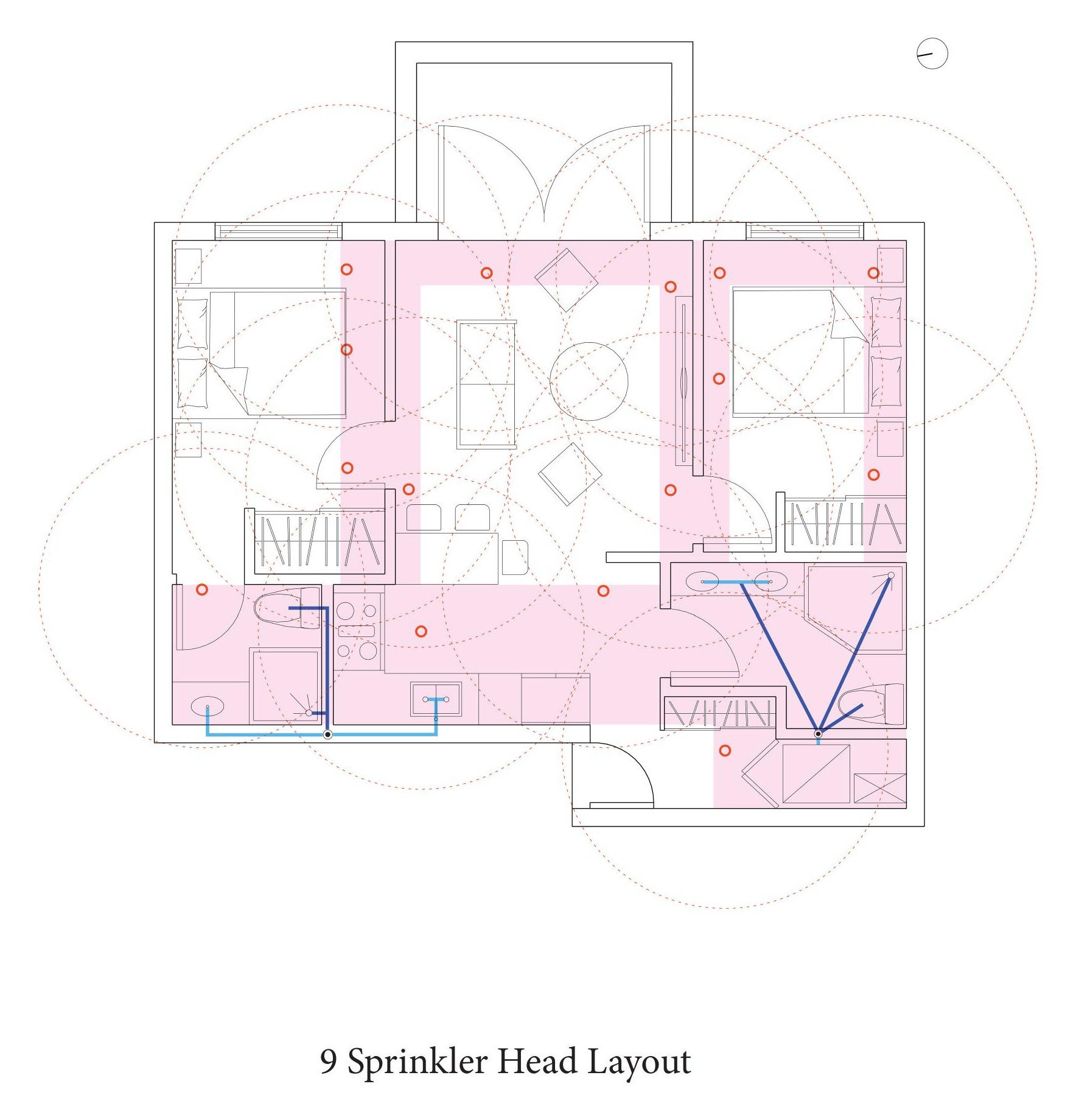 Sprinkler head layout with the coverage circle of each head drawn so the overlaps can be checked