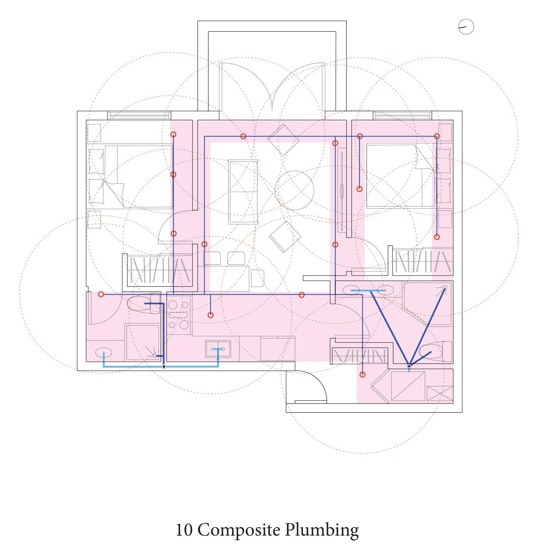 Composite of the plumbing and the sprinkler layout over the dropped ceiling zones