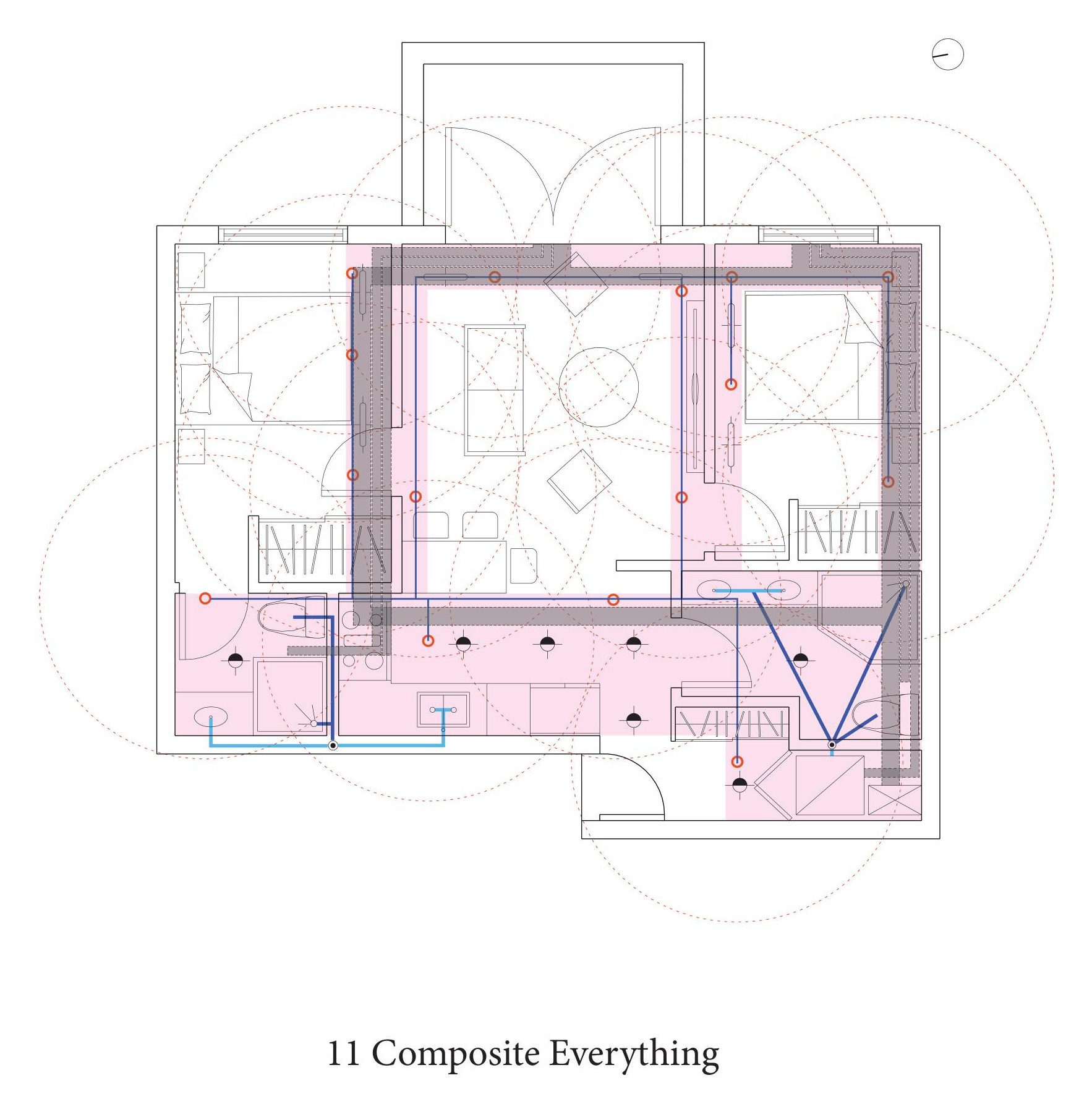 Composite drawing carrying the dropped ceilings, ducts, light fittings, plumbing and sprinklers together on one plan