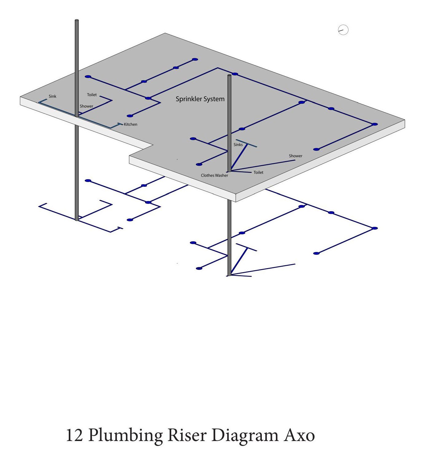 Axonometric of the plumbing riser showing the stack running between floor plates and branching at each level