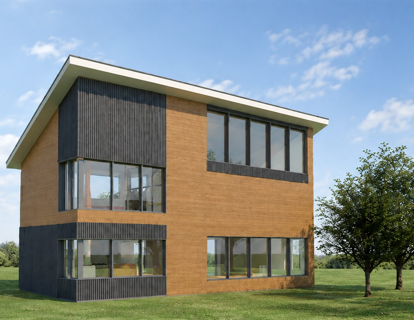 Rendered view of the coach house from the garden side, the timber clad upper storey cantilevering over the darker base