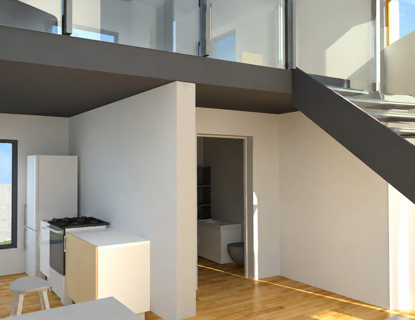 Kitchen and mezzanine perspective