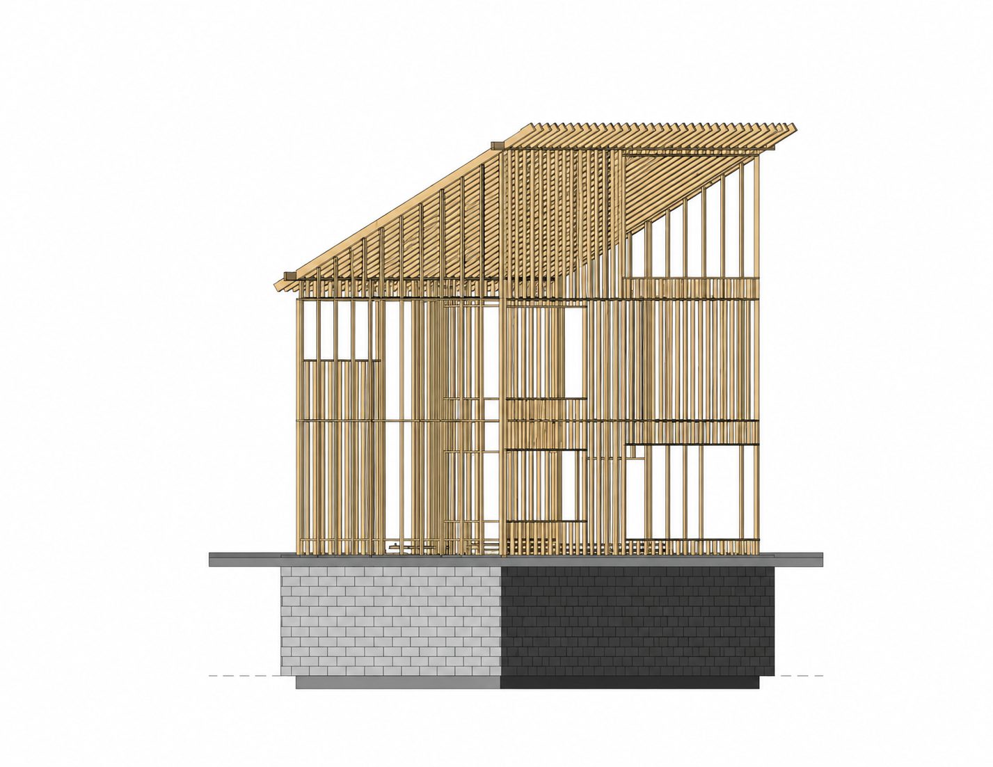 Timber framing axonometric with every stud, plate and rafter drawn individually above the floor slab