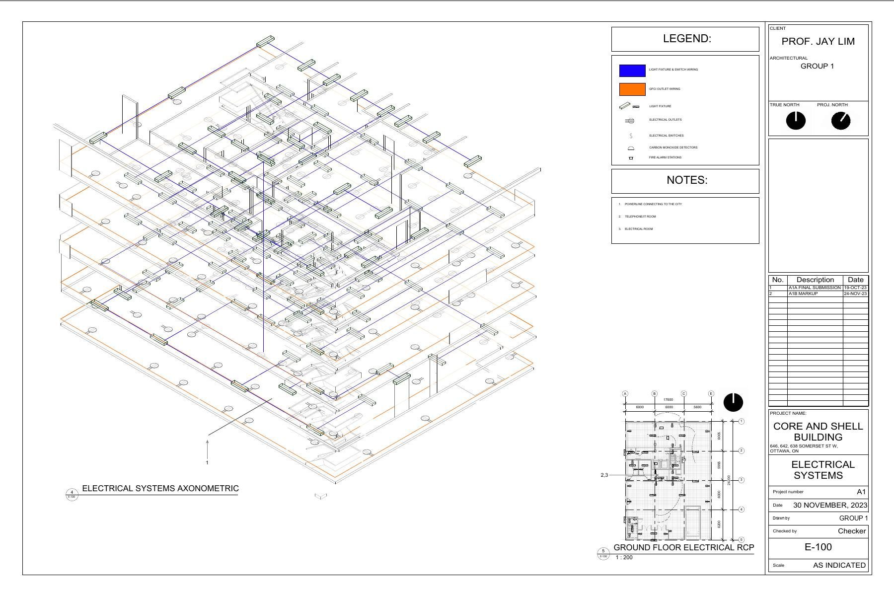 Electrical systems axonometric with the distribution drawn floor by floor over the structural frame