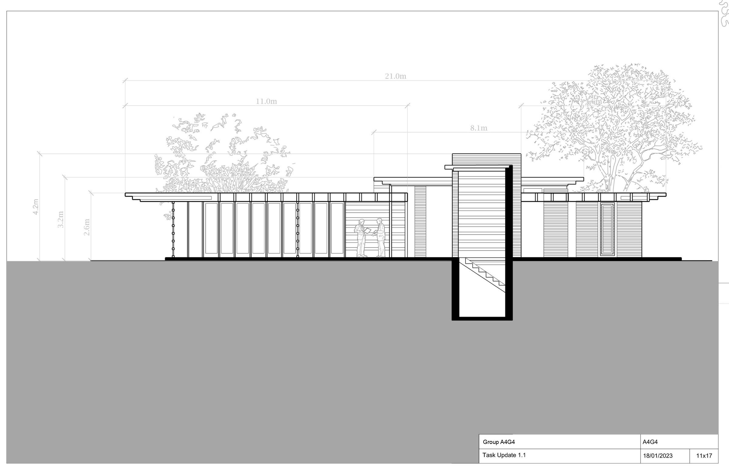 Section through the house with the surrounding trees drawn in and the stair cut through the middle