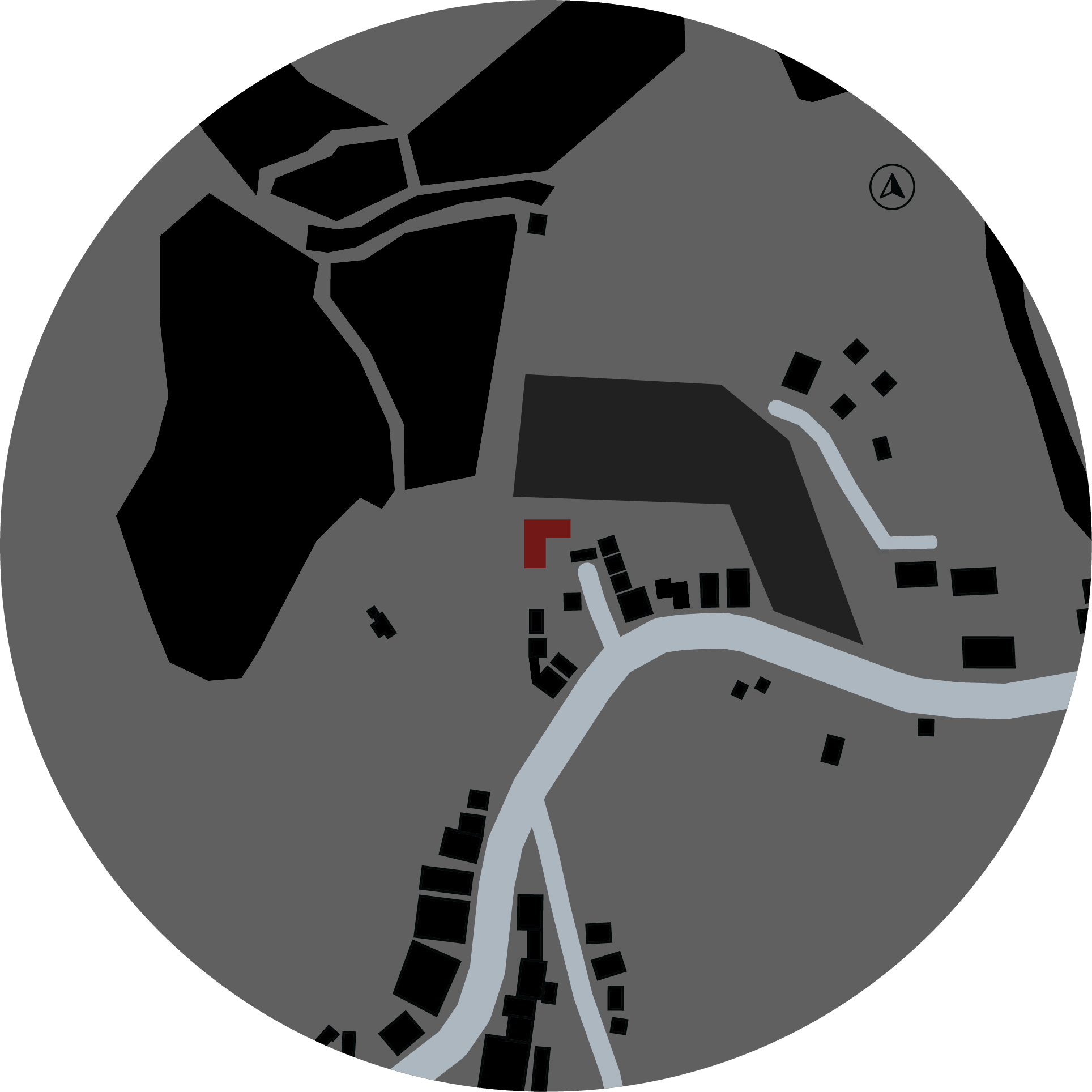 Figure ground drawing of the village with built form in black, the project lot picked out in red and the road and watercourse in grey