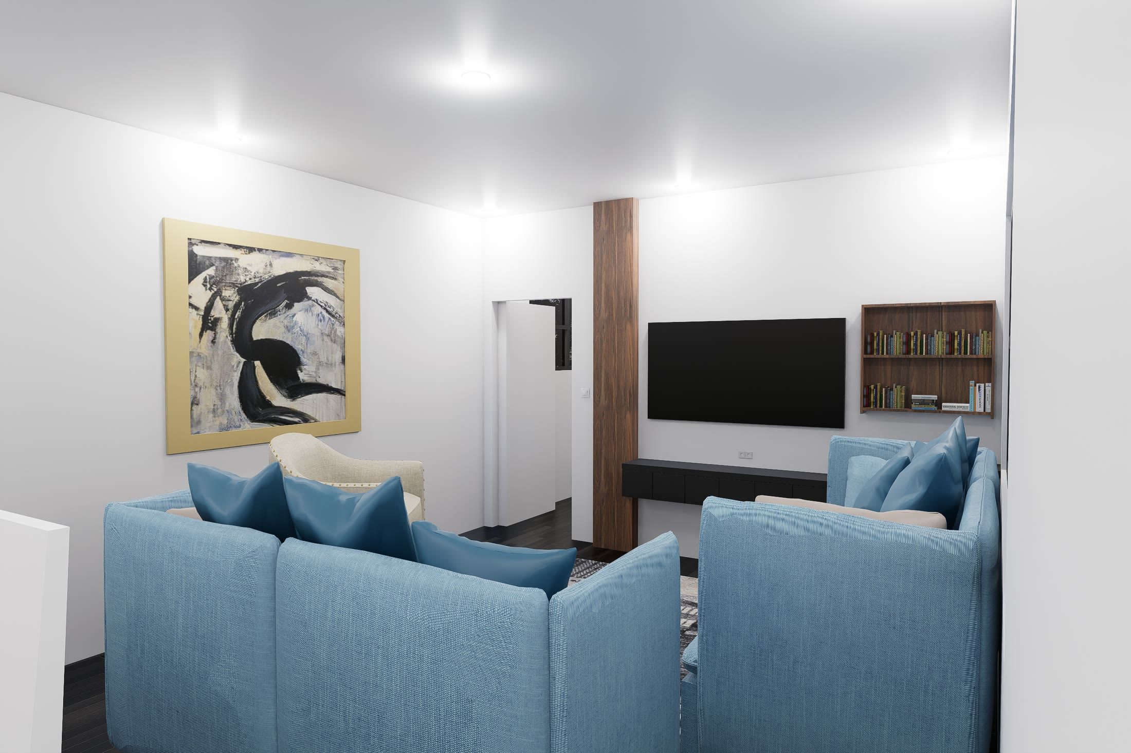 The living area from the opposite corner, sofa and armchairs facing the wall mounted television