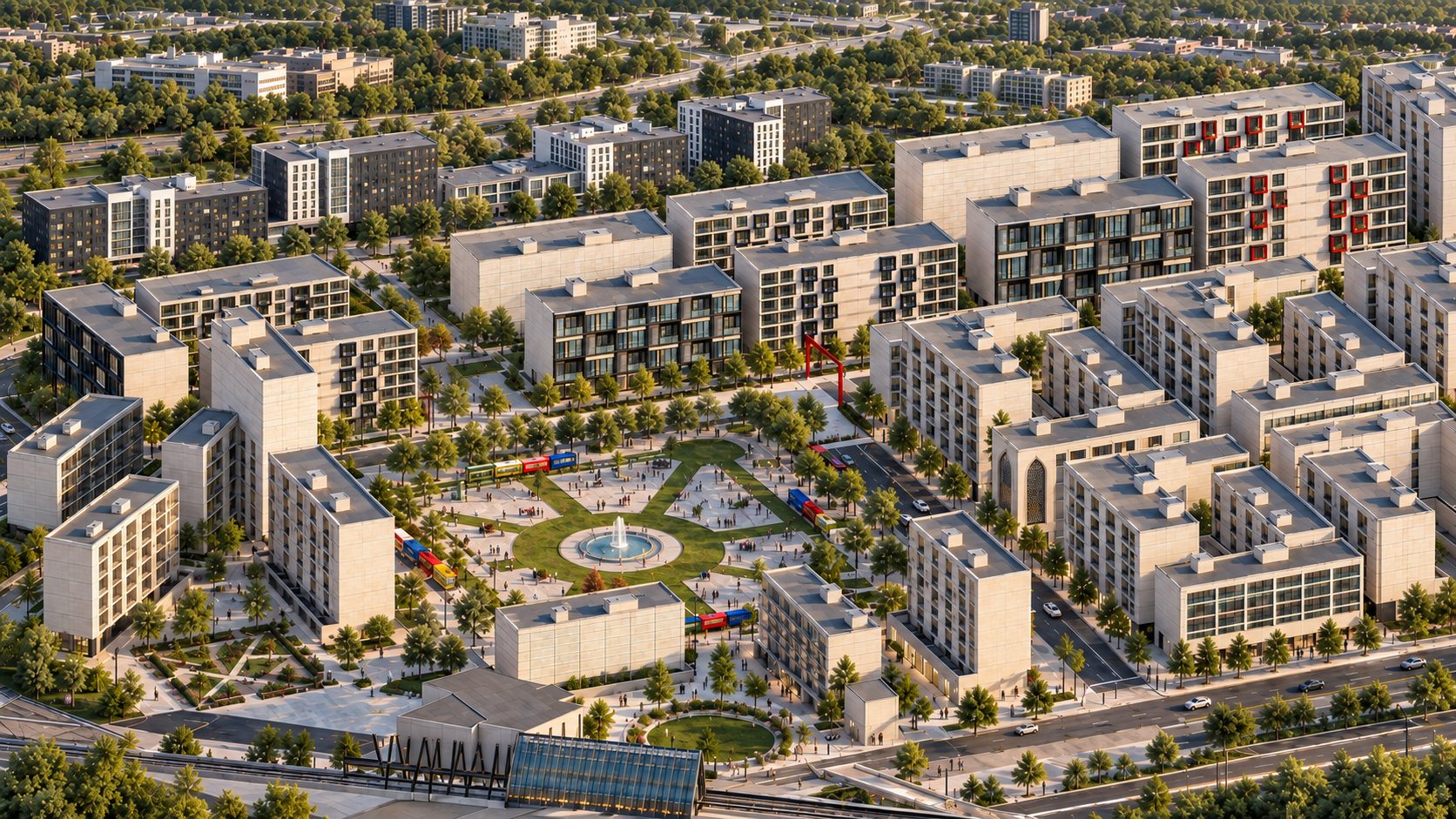 Axonometric of the district with the blocks in white massing, the planted courtyards between them and the open space at the centre