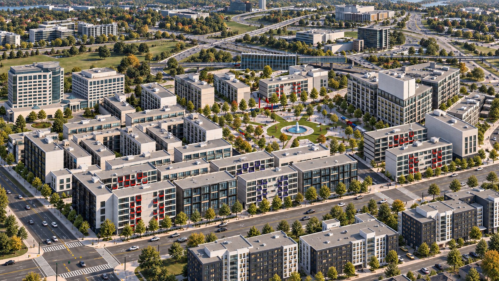 The district from the opposite corner, the mid-rise heart and the market frontages reading against the taller perimeter