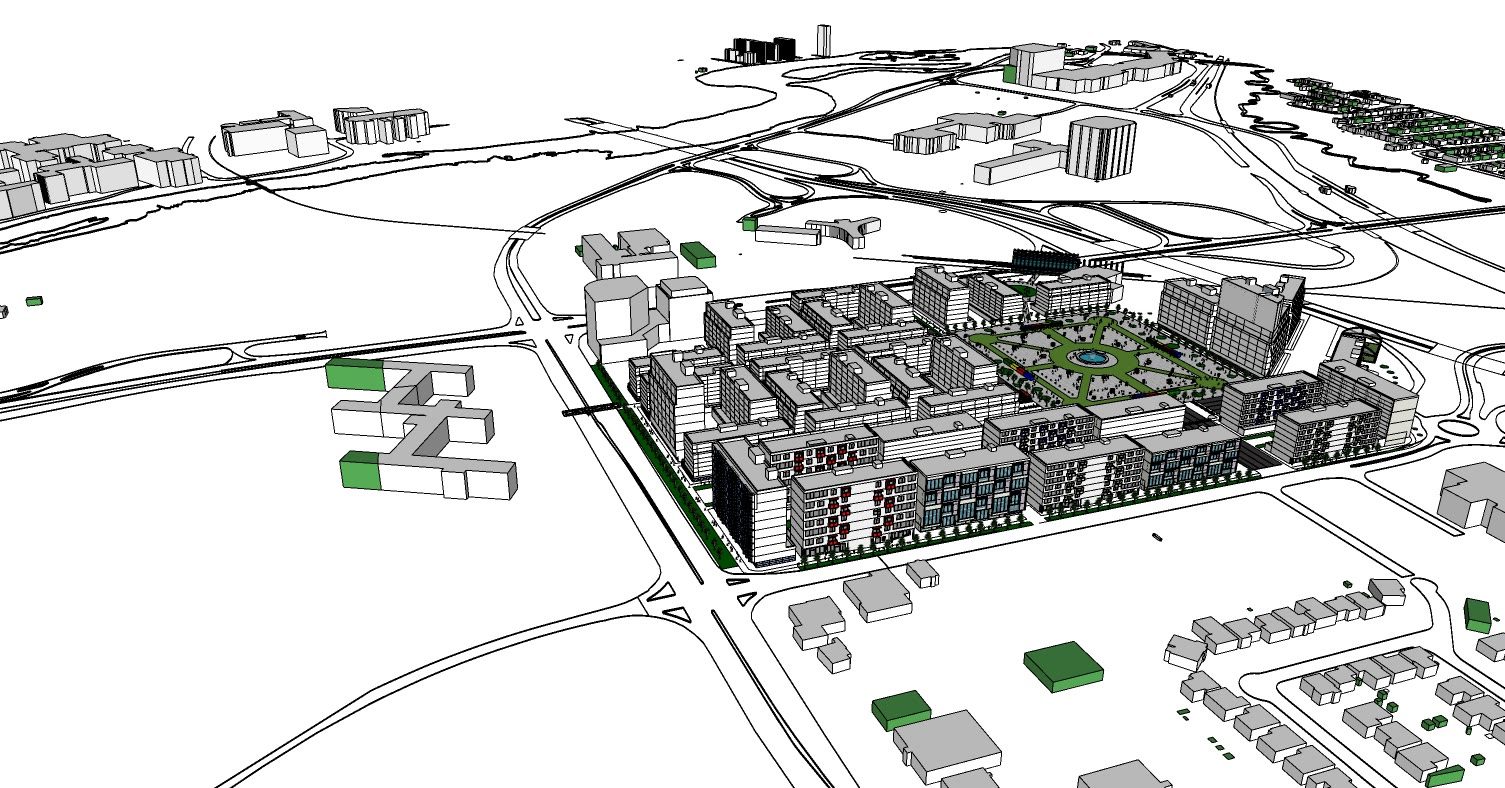 The same view with the proposal in place, the blocks completing the street edges and the open space held at the centre