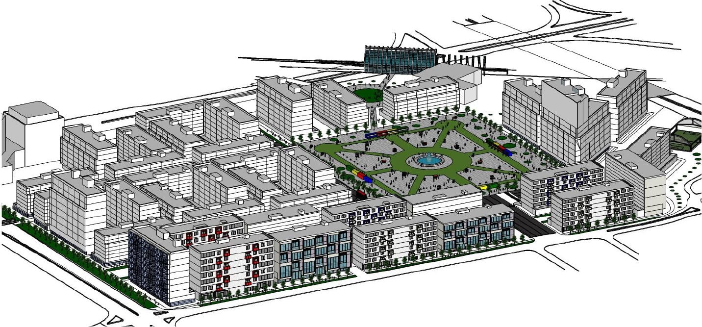 Wider axonometric of the whole site showing the transition from high rise at the periphery to mid-rise around the square