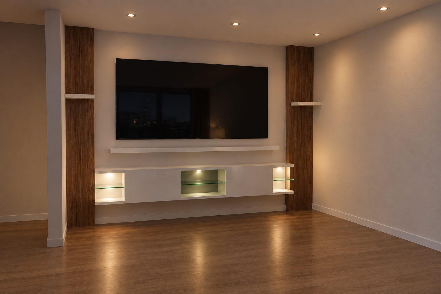 The media wall at night, the recessed lights washing the glass shelves and the open bays either side of the television