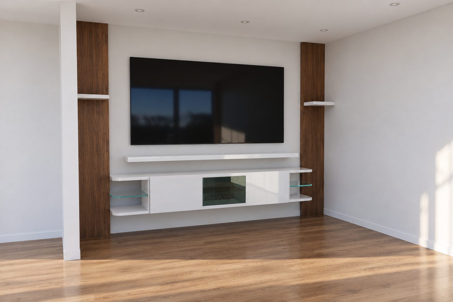 The media wall at night, the recessed lights washing the glass shelves and the open bays either side of the television