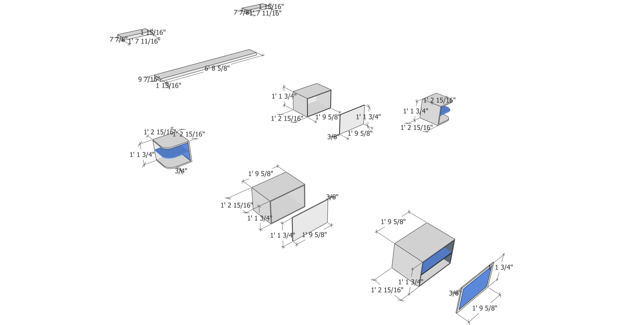The same exploded axonometric dimensioned in feet and inches for the build