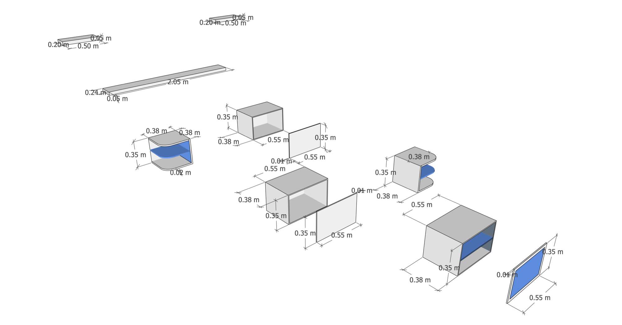 Exploded axonometric of every component with dimensions in metres, showing the shelves, the three carcasses, their back panels, the two end units and the glass
