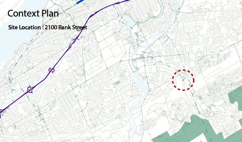 Context plan locating the site at 2100 Bank Street within the wider transit and road network of Ottawa