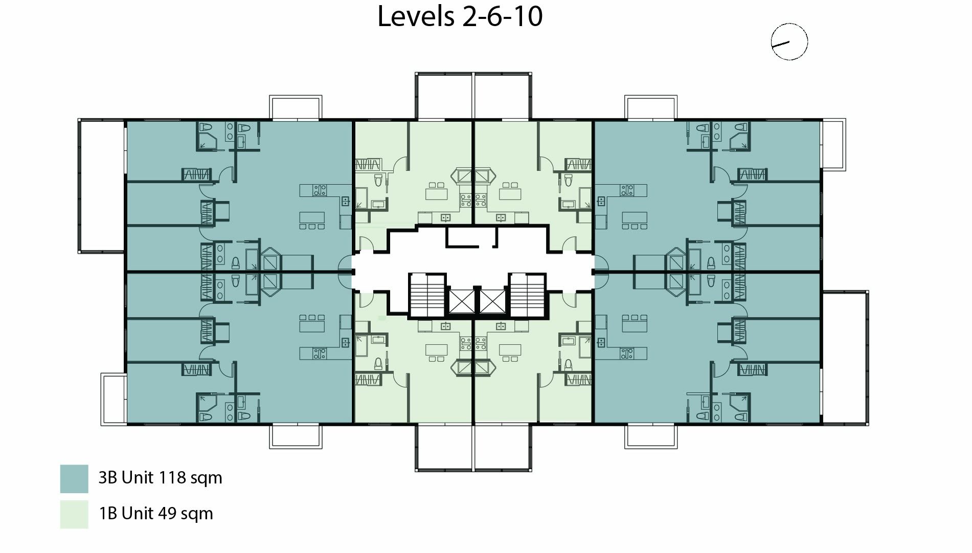 Typical residential plate used at levels 2, 6 and 10, with the unit mix around the core