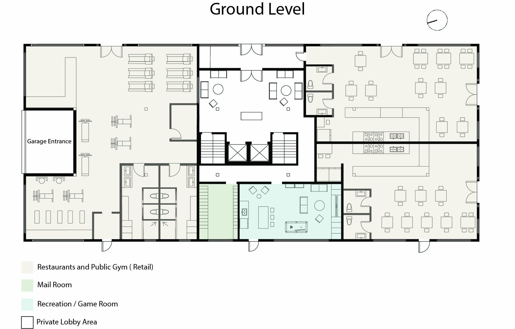 Commercial ground floor plan with the restaurants, the public gym, retail, the residential lobby, mail room and recreation room
