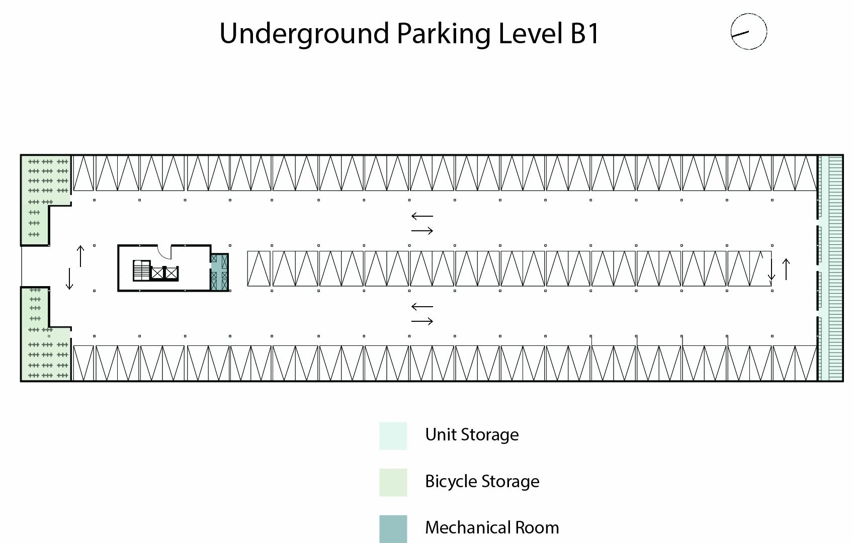 Underground parking level plan with the bays, the cores and the services