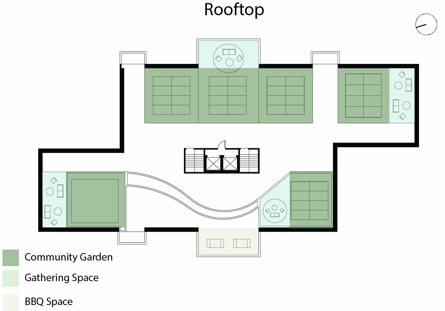 Rooftop plan showing the community garden, the gathering space and the barbeque area