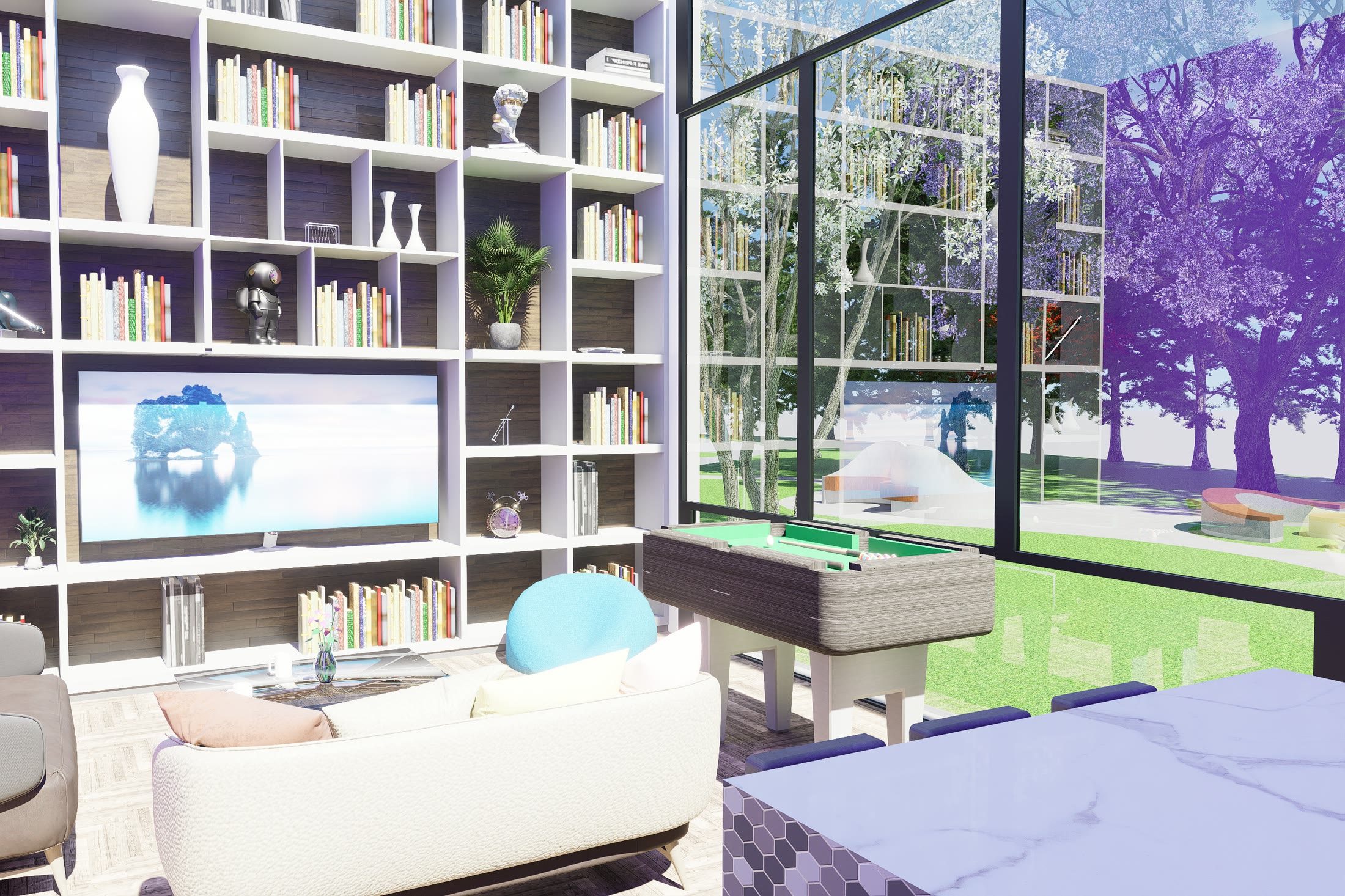 The recreation room with a full height shelved wall, a pool table and glazing onto the planted courtyard