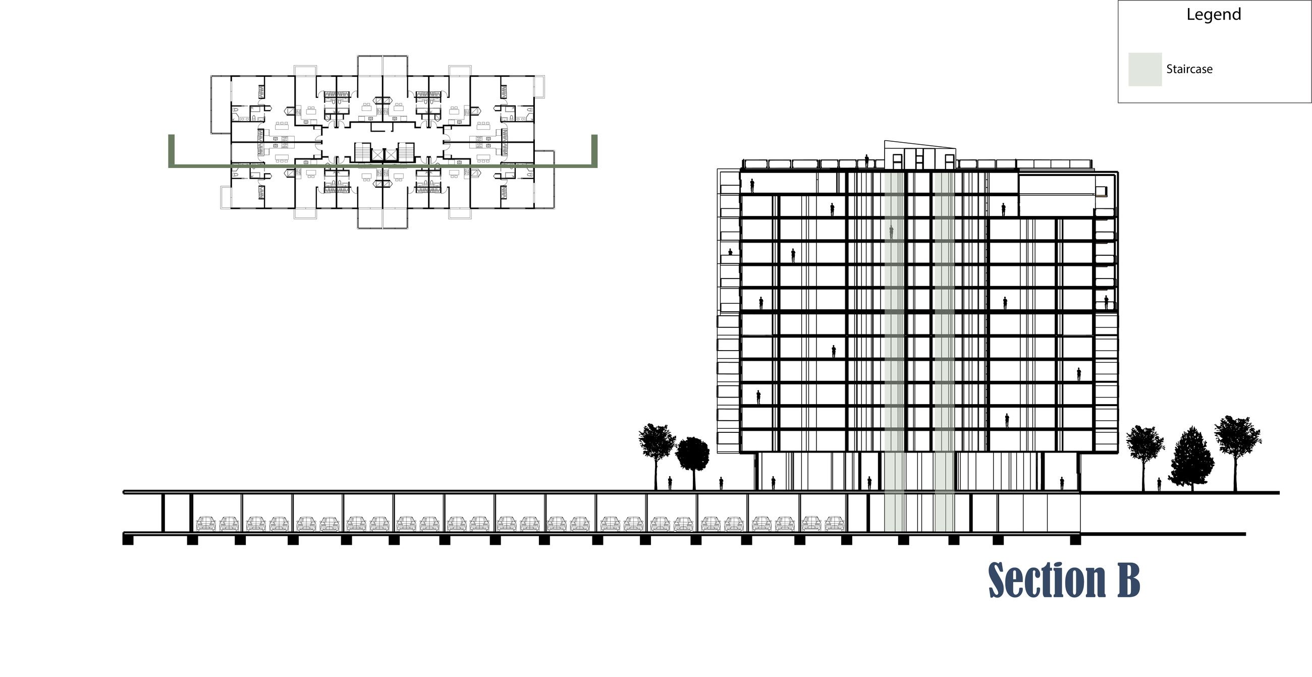Section B through Building A on the other axis, with the plan key beside it