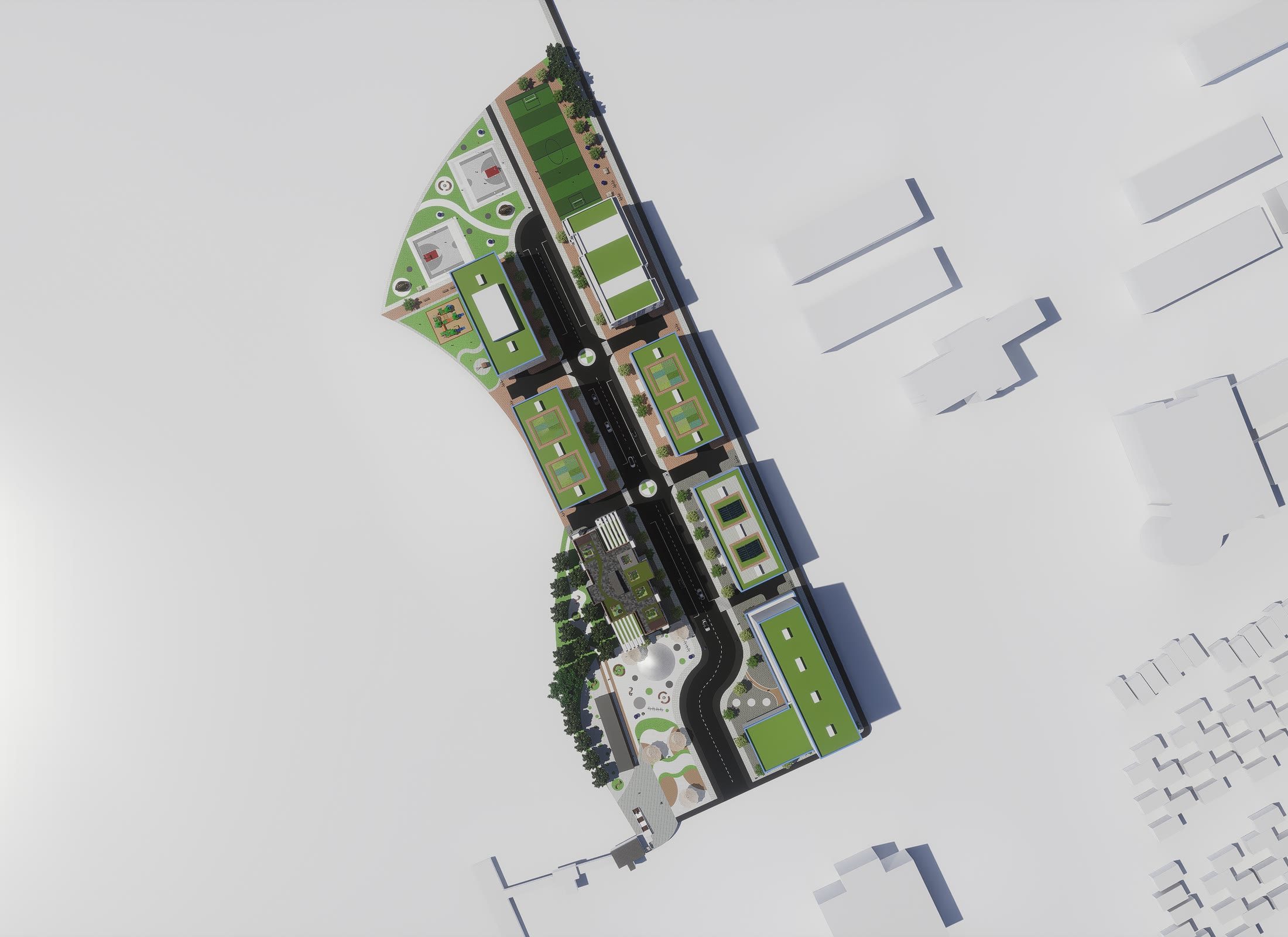 Rendered plan view of the whole site showing the block pattern, the internal street, the courtyards and the planted roofs