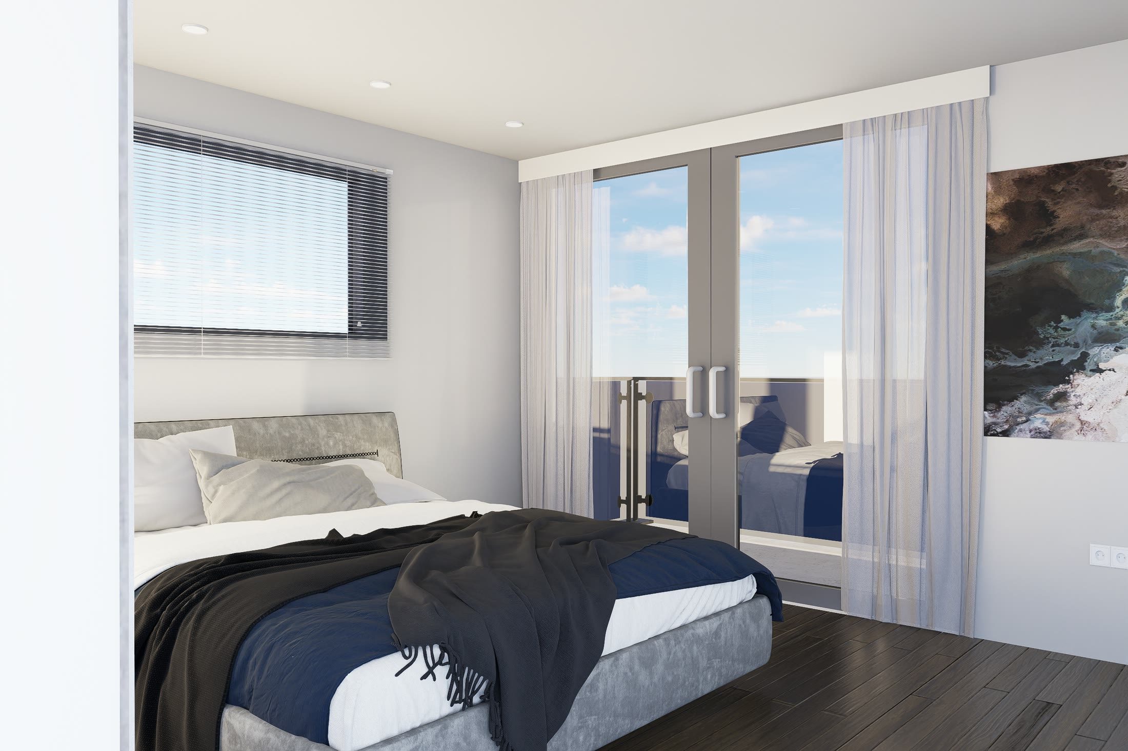Master bedroom of a two-bedroom unit with glazed doors opening onto the balcony