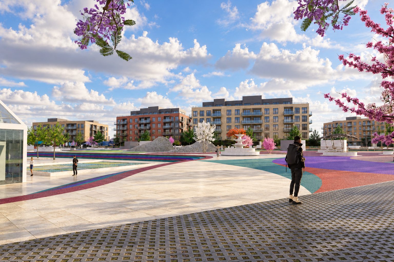 Tri-Spectra from the side with the coloured ground pattern sweeping across it and the district buildings behind