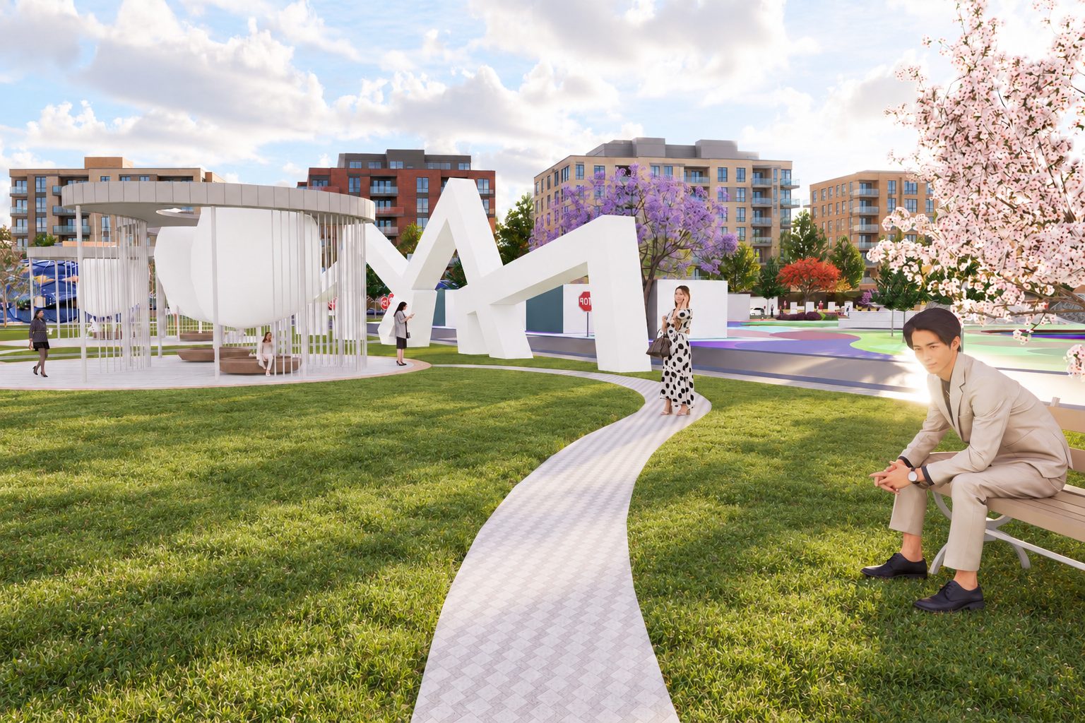 A path curving between the white arched structures with someone sitting on a bench beside it
