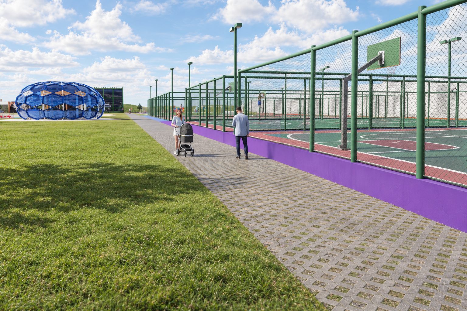 The fenced courts at The Apex along a purple paved route, with the pavilion visible in the distance