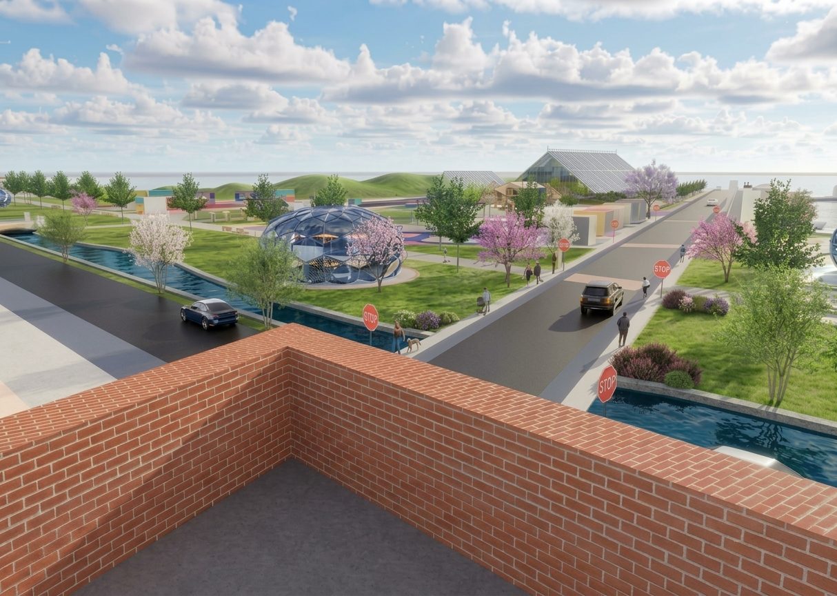 Morning view over a brick balcony parapet across the road to the park and the pavilion beyond