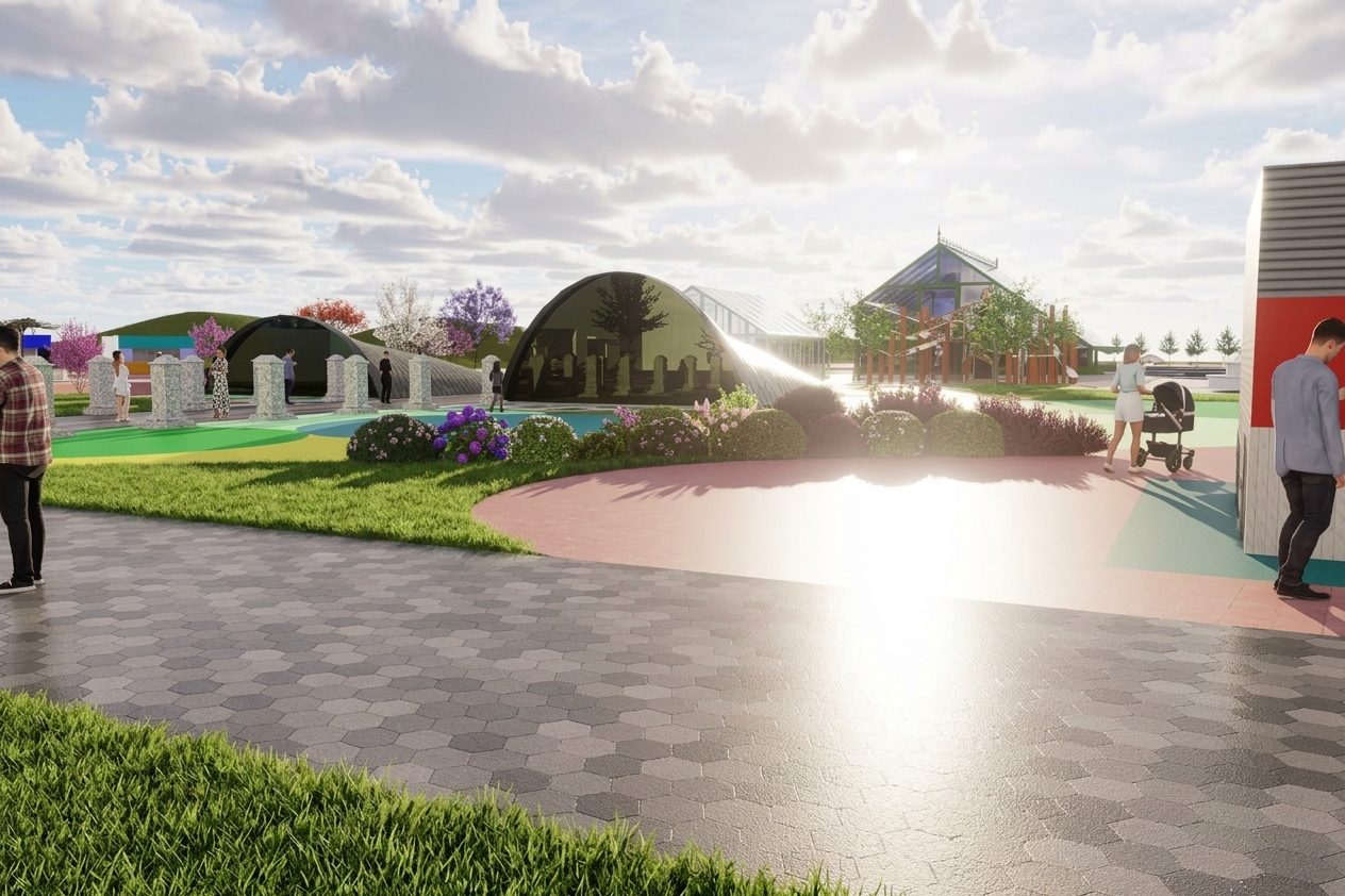 Rendered site axonometric of Serenade Park with Hydro-Stream Lake at the centre, the courts to one side, the greenhouse along the north edge and the surrounding blocks