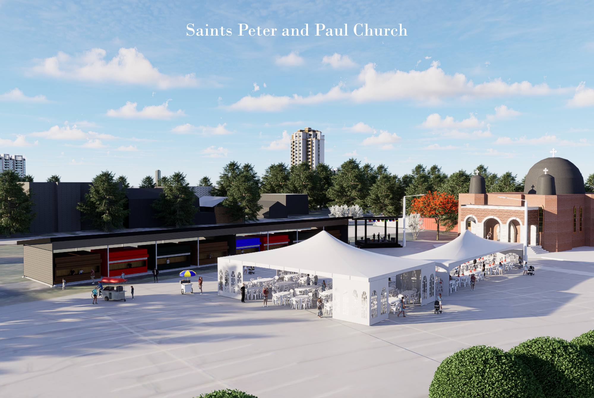 Aerial render of the church grounds showing the long open air structure, the event tents on the plaza and the domed church beyond