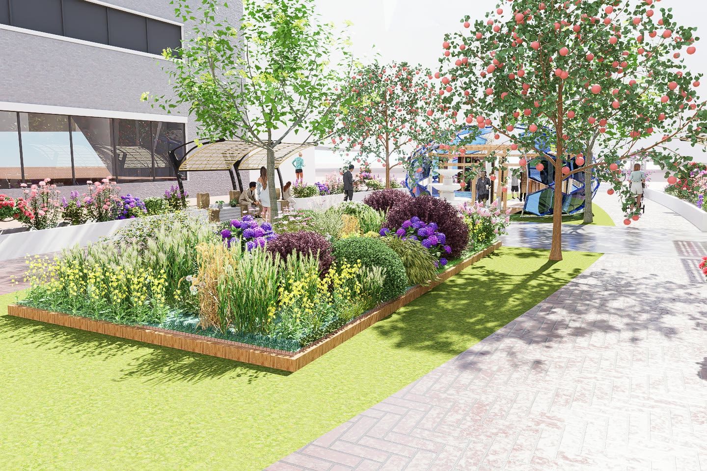 Render of the raised community garden beds with planting in flower