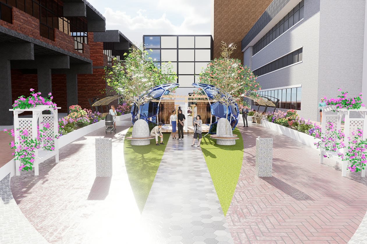 Overhead render of the courtyard showing the lens shaped lawn, the circular water feature at its centre, planting beds, a faceted blue canopy, curved seating and the paths that trace the outline